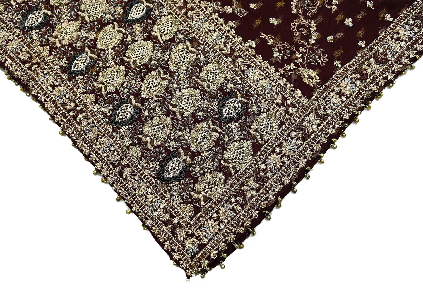 Indian Vintage Heavy Bridal Maroon Dupatta Pure Silk Long Stole Hand Embroidered Scarves Dabka Zardozi Zari Wedding Veil