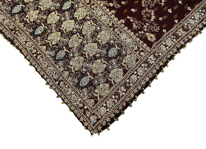 Indian Vintage Heavy Bridal Maroon Dupatta Pure Silk Long Stole Hand Embroidered Scarves Dabka Zardozi Zari Wedding Veil