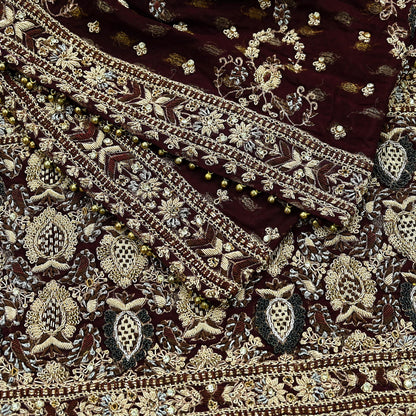 Indian Vintage Heavy Bridal Maroon Dupatta Pure Silk Long Stole Hand Embroidered Scarves Dabka Zardozi Zari Wedding Veil