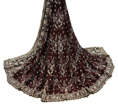 Indian Vintage Heavy Bridal Maroon Dupatta Pure Silk Long Stole Hand Embroidered Scarves Dabka Zardozi Zari Wedding Veil