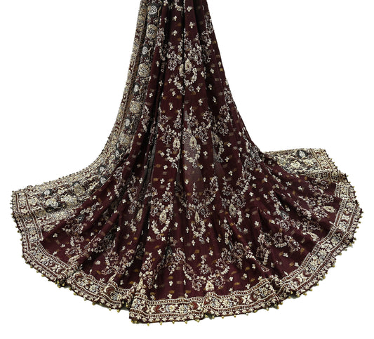 Indian Vintage Heavy Bridal Maroon Dupatta Pure Silk Long Stole Hand Embroidered Scarves Dabka Zardozi Zari Wedding Veil