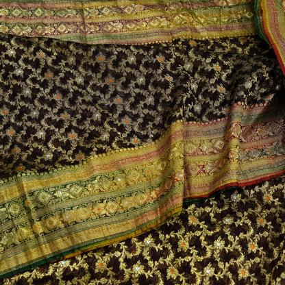 Indian Vintage Sari Heavy Coffee Brown Pure Organza Silk Woven Brocade Banarasi Sarees Zari 5Yd Ethnic Fabric Dress Making Wedding Sarees