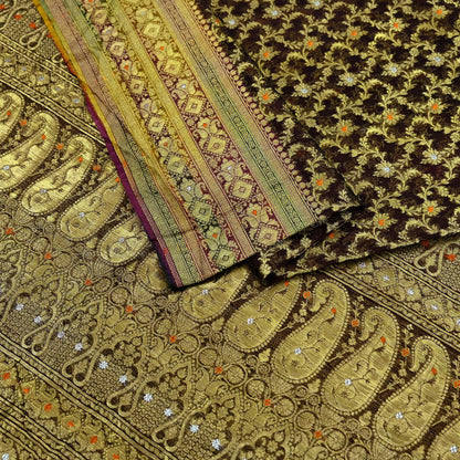 Indian Vintage Sari Heavy Coffee Brown Pure Organza Silk Woven Brocade Banarasi Sarees Zari 5Yd Ethnic Fabric Dress Making Wedding Sarees