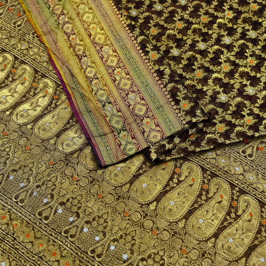 Indian Vintage Sari Heavy Coffee Brown Pure Organza Silk Woven Brocade Banarasi Sarees Zari 5Yd Ethnic Fabric Dress Making Wedding Sarees
