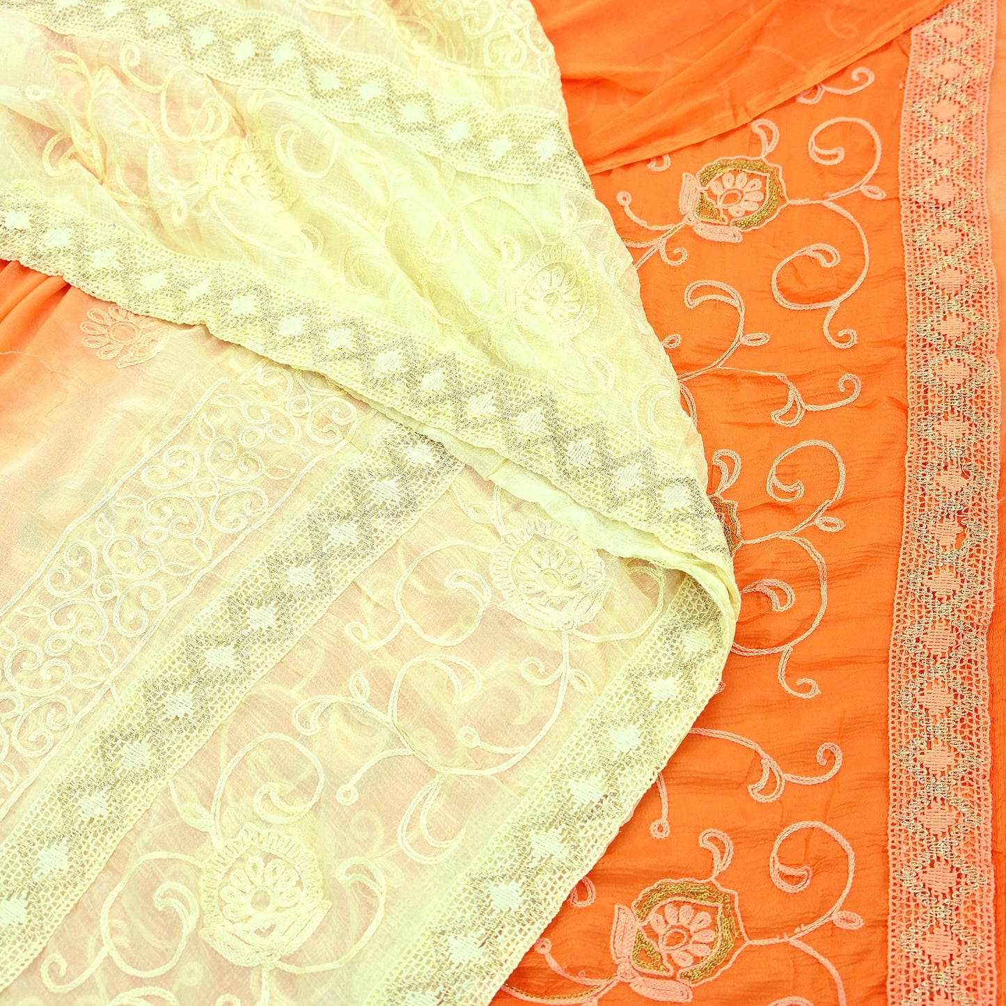 Indian Vintage Sari Ivory & Orange Pure Chiffon Silk Hand Embroidered Sarees Craft Fabric 5Yd Dress Making Sewing Zari