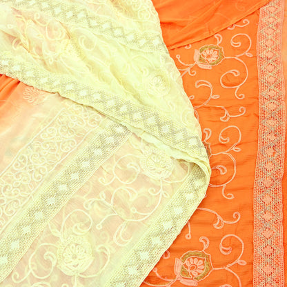 Indian Vintage Sari Ivory & Orange Pure Chiffon Silk Hand Embroidered Sarees Craft Fabric 5Yd Dress Making Sewing Zari