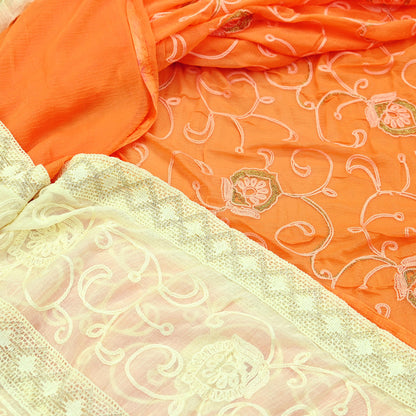 Indian Vintage Sari Ivory & Orange Pure Chiffon Silk Hand Embroidered Sarees Craft Fabric 5Yd Dress Making Sewing Zari