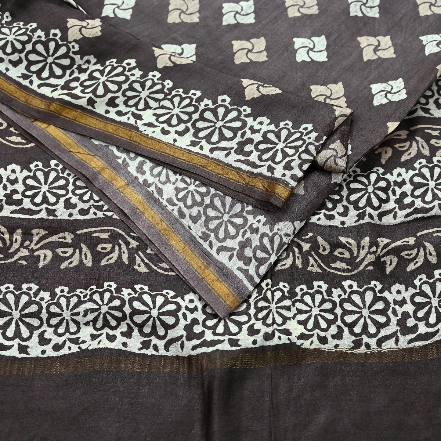 Indian Vintage Sari Brown & Ivory Pure chanderi Silk Block Printed Sarees Craft Fabric 5Yd Floral Dress making bollywood silk sarees