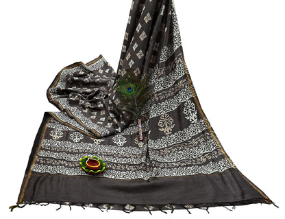 Indian Vintage Sari Brown & Ivory Pure chanderi Silk Block Printed Sarees Craft Fabric 5Yd Floral Dress making bollywood silk sarees