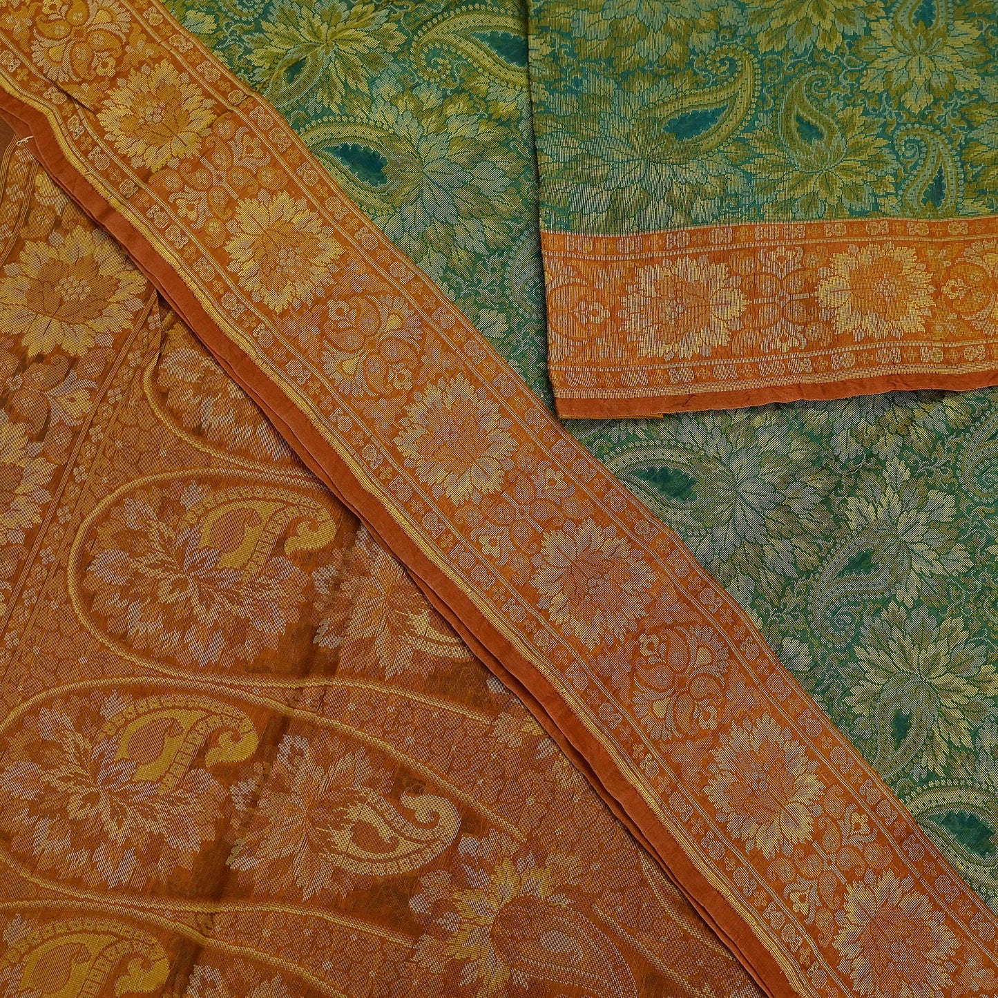Indian Vintage Sari Orange & Green 100% Pure Silk Hand Woven Sarees Craft Fabric 5Yd Ethnic Sewing Dress making Crafting Quilting Upcycle