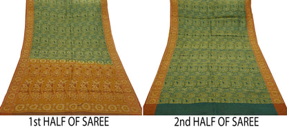 Indian Vintage Sari Orange & Green 100% Pure Silk Hand Woven Sarees Craft Fabric 5Yd Ethnic Sewing Dress making Crafting Quilting Upcycle