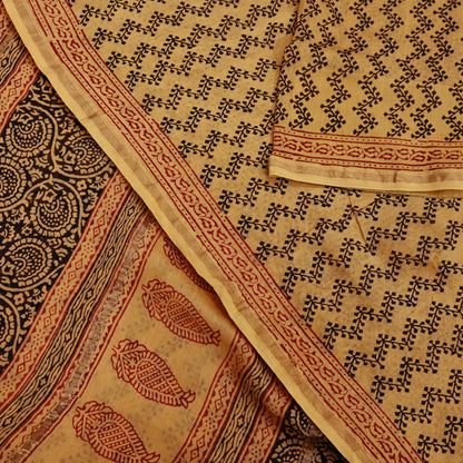 Indian Vintage Sari Saffron Pure chanderi Silk Block Printed Sarees Craft Fabric 5Yd Zari Border Floral Dress making bollywood silk sarees