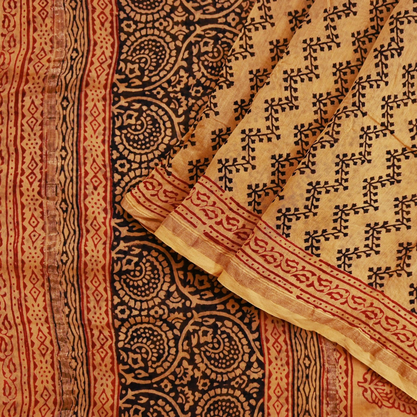 Indian Vintage Sari Saffron Pure chanderi Silk Block Printed Sarees Craft Fabric 5Yd Zari Border Floral Dress making bollywood silk sarees