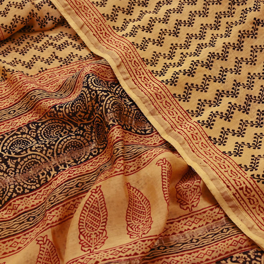 Indian Vintage Sari Saffron Pure chanderi Silk Block Printed Sarees Craft Fabric 5Yd Zari Border Floral Dress making bollywood silk sarees