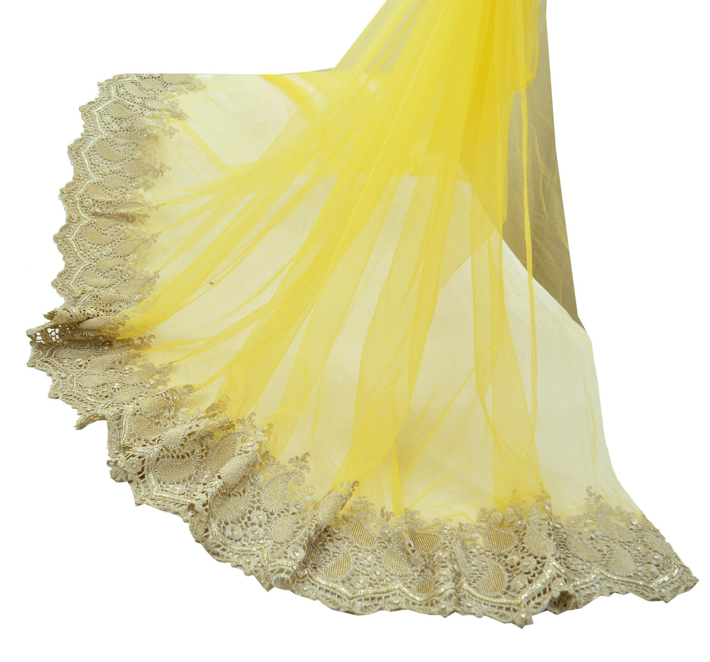 3Yard Indian Yellow Color Net Fabric Zari Embroidered Work Design Fabric Used in Different Designing in Multi Apparels.
