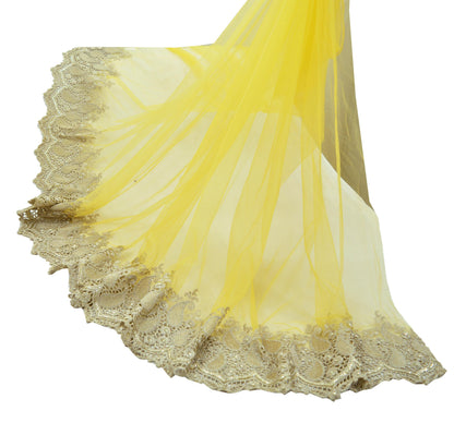 3Yard Indian Yellow Color Net Fabric Zari Embroidered Work Design Fabric Used in Different Designing in Multi Apparels.