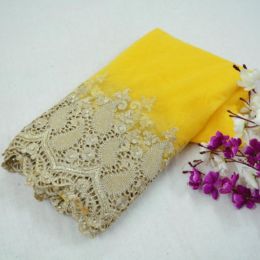 3Yard Indian Yellow Color Net Fabric Zari Embroidered Work Design Fabric Used in Different Designing in Multi Apparels.
