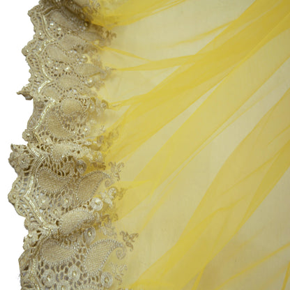 3Yard Indian Yellow Color Net Fabric Zari Embroidered Work Design Fabric Used in Different Designing in Multi Apparels.