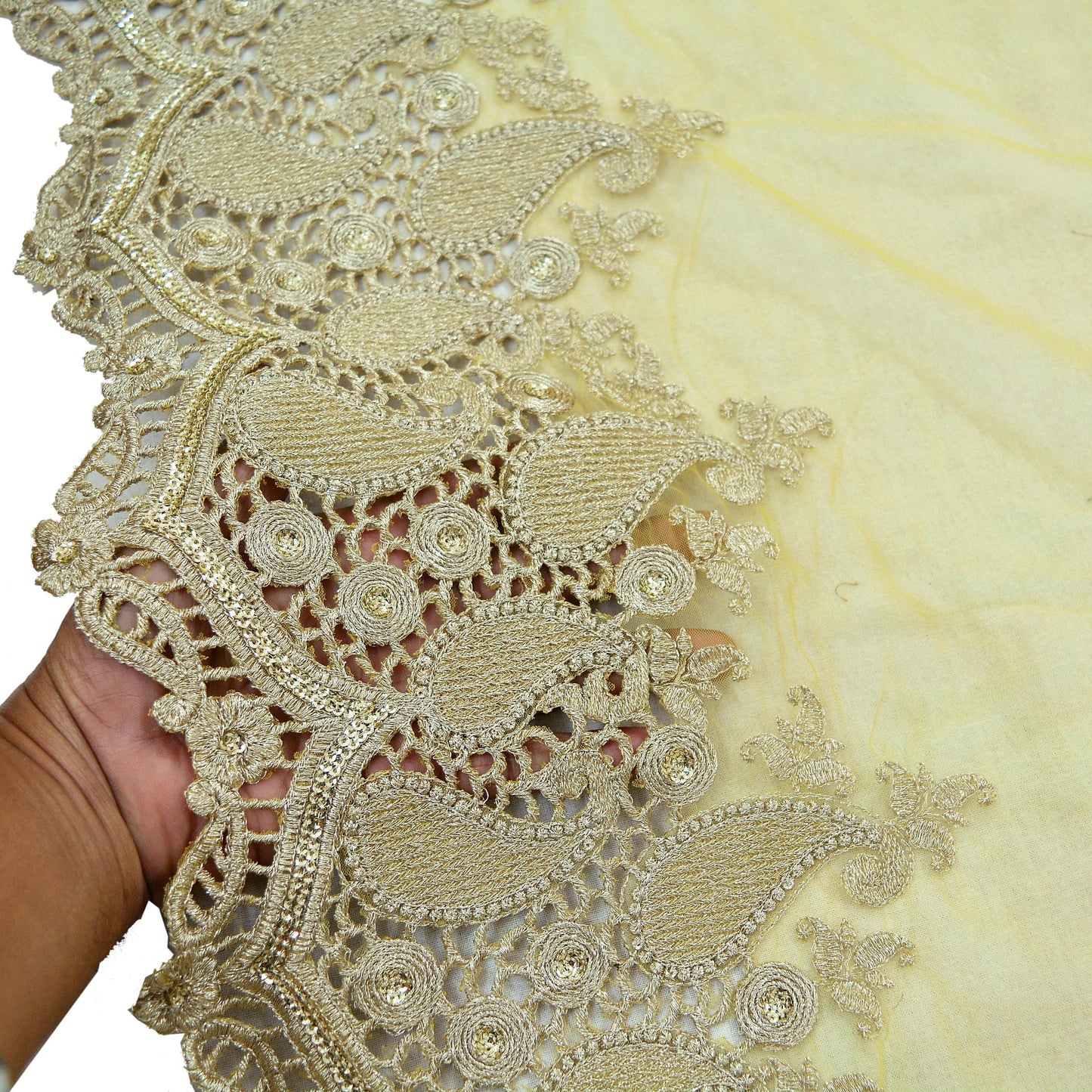 3Yard Indian Yellow Color Net Fabric Zari Embroidered Work Design Fabric Used in Different Designing in Multi Apparels.