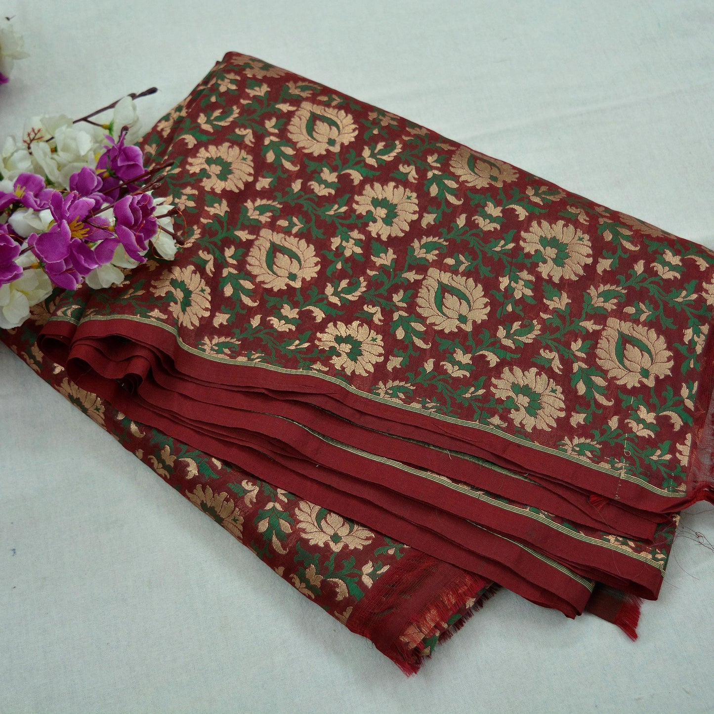 Indian Maroon Color Artificial Silk Hand Woven Brocade Banarasi Zari Work Design Fabric Used in Different Designing in Multi Apparels.