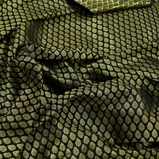 Indian Black Color Satin Hand Woven Brocade Banarasi Zari Work Design Fabric Used in Different Designing in Multi Apparels 4YD