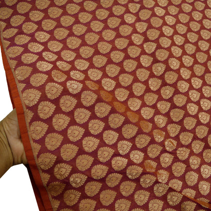 Indian Purple & Saffron Artificial Silk Hand Woven Brocade Banarasi Zari Work Design Fabric Used in Different Designing in Multi Apparels.