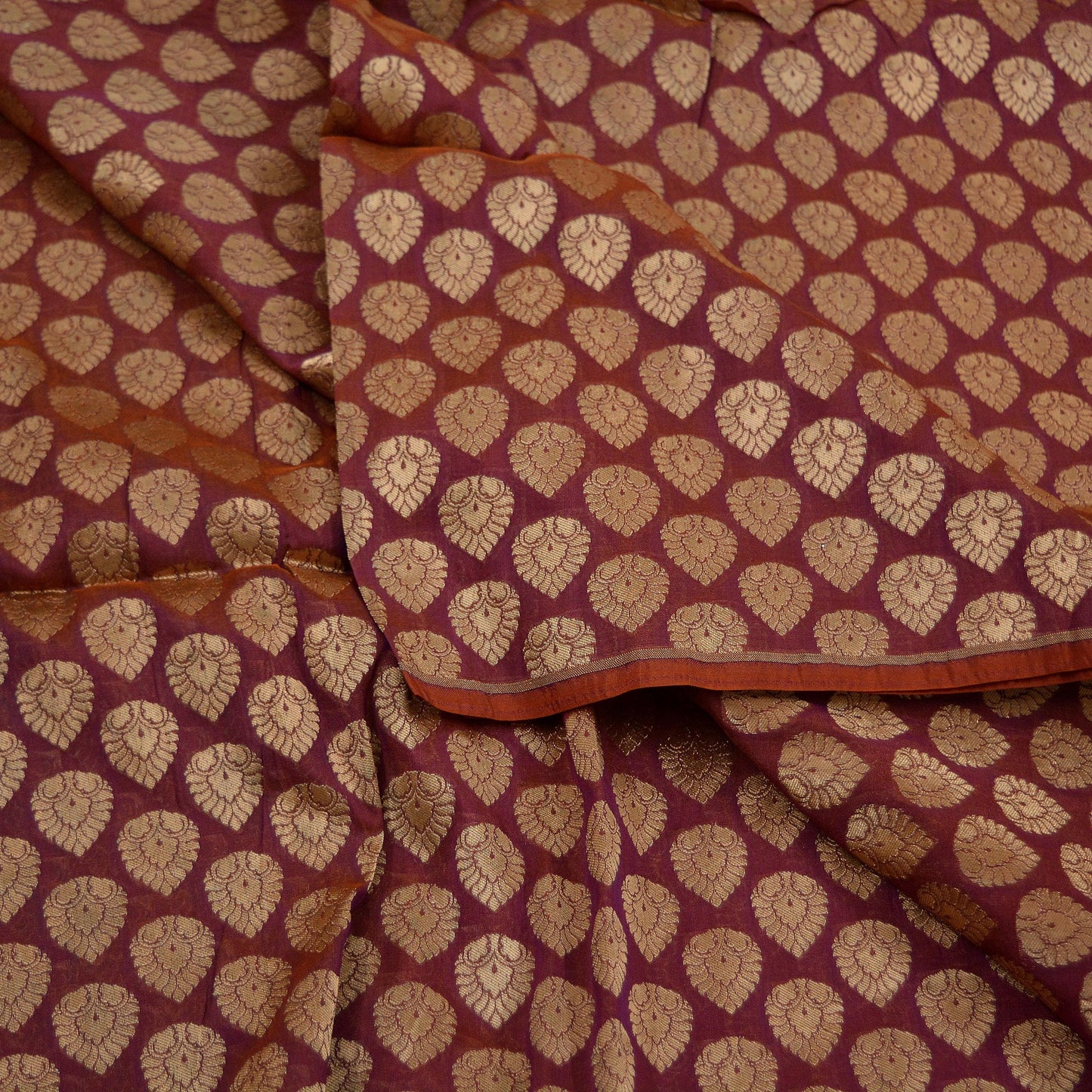 Indian Purple & Saffron Artificial Silk Hand Woven Brocade Banarasi Zari Work Design Fabric Used in Different Designing in Multi Apparels.