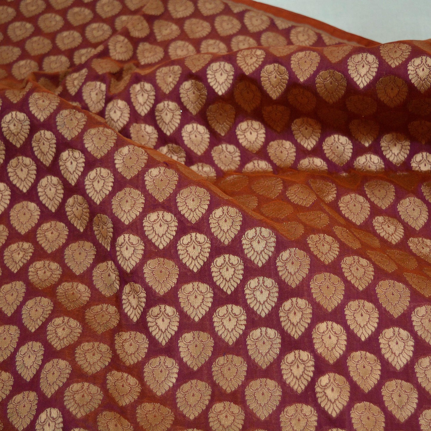 Indian Purple & Saffron Artificial Silk Hand Woven Brocade Banarasi Zari Work Design Fabric Used in Different Designing in Multi Apparels.