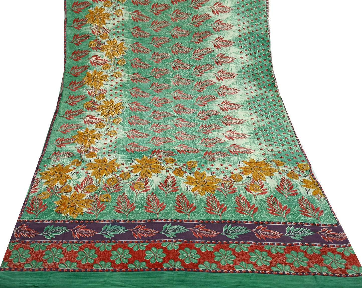 Indian Vintage Sari Green Pure Crepe Silk Printed Saree  5yard Sewing Floral Soft Craft Fabric Ethnic Wrap Dress Making Crafting Quilting