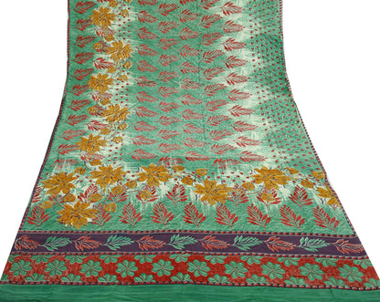 Indian Vintage Sari Green Pure Crepe Silk Printed Saree  5yard Sewing Floral Soft Craft Fabric Ethnic Wrap Dress Making Crafting Quilting