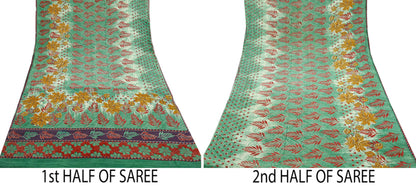 Indian Vintage Sari Green Pure Crepe Silk Printed Saree  5yard Sewing Floral Soft Craft Fabric Ethnic Wrap Dress Making Crafting Quilting