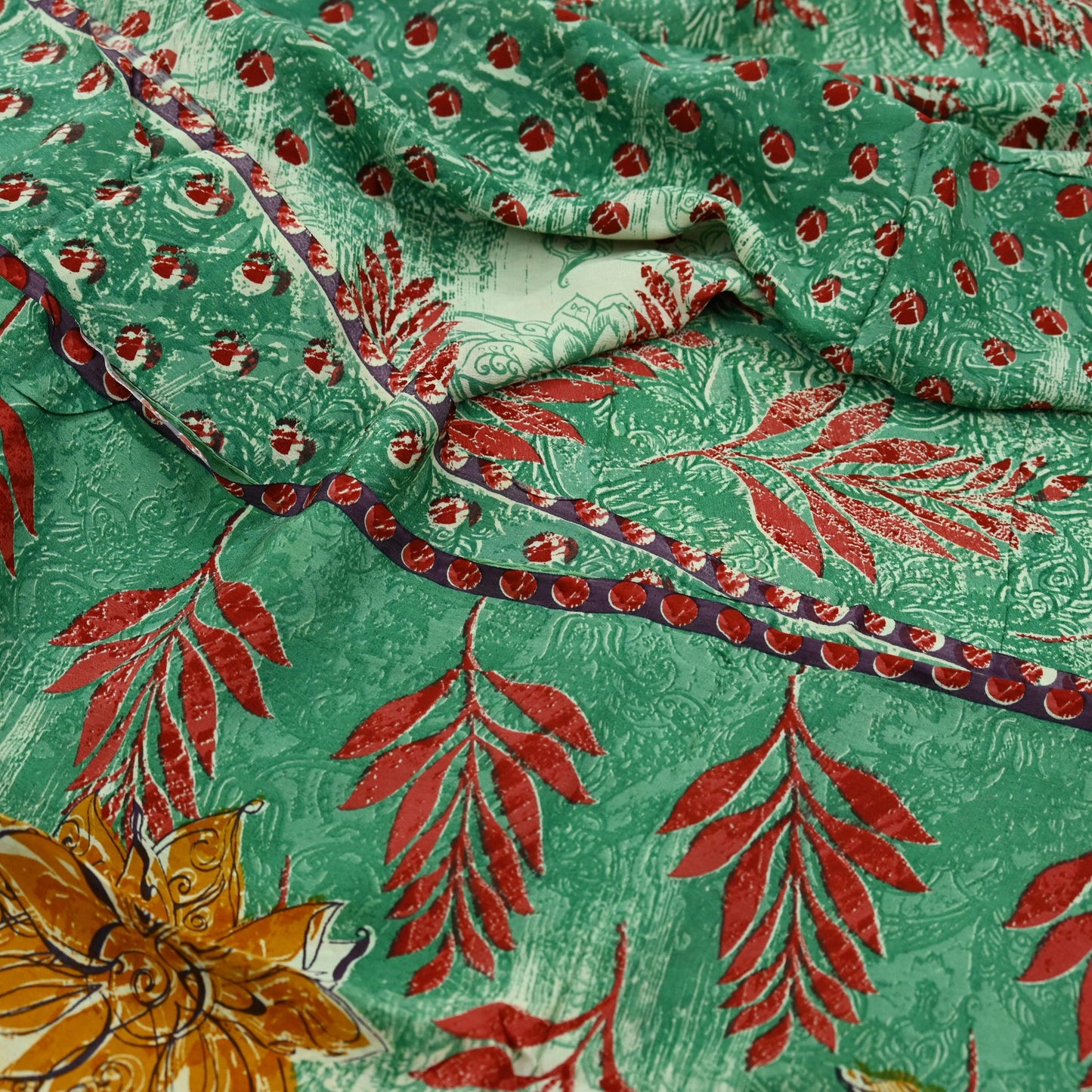 Indian Vintage Sari Green Pure Crepe Silk Printed Saree  5yard Sewing Floral Soft Craft Fabric Ethnic Wrap Dress Making Crafting Quilting