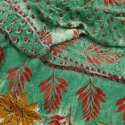 Indian Vintage Sari Green Pure Crepe Silk Printed Saree  5yard Sewing Floral Soft Craft Fabric Ethnic Wrap Dress Making Crafting Quilting
