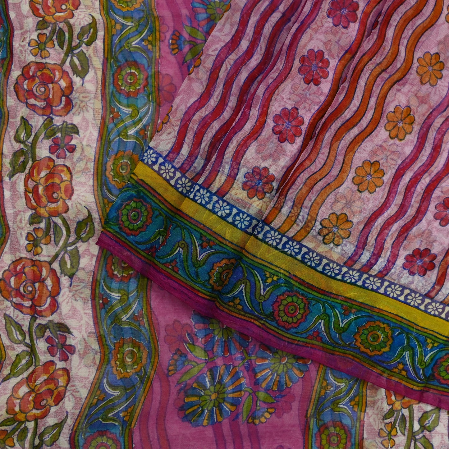 Indian Vintage Sari Pink Pure Georgette Silk Printed Saree Craft Fabric Sewing 6Yd Soft Light Dress Making Crafting Quilting Upcycle
