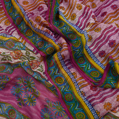 Indian Vintage Sari Pink Pure Georgette Silk Printed Saree Craft Fabric Sewing 6Yd Soft Light Dress Making Crafting Quilting Upcycle