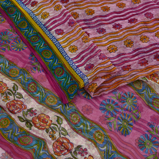 Indian Vintage Sari Pink Pure Georgette Silk Printed Saree Craft Fabric Sewing 6Yd Soft Light Dress Making Crafting Quilting Upcycle