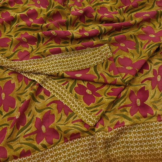 Women Vintage Sari Green Pure Georgette Silk Printed Saree Craft Fabric Sewing 5Yd Soft Light Dress Making Floral Quilting Crafting Upcycle