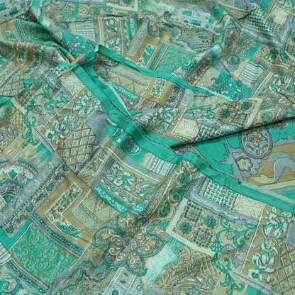 Indian Vintage Sari Green Pure Silk Printed Sarees 6yd Sewing Craft Fabric Dress Making  Soft Abstract Wrap Upcycle Used Quilting Crafting