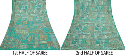 Indian Vintage Sari Green Pure Silk Printed Sarees 6yd Sewing Craft Fabric Dress Making  Soft Abstract Wrap Upcycle Used Quilting Crafting