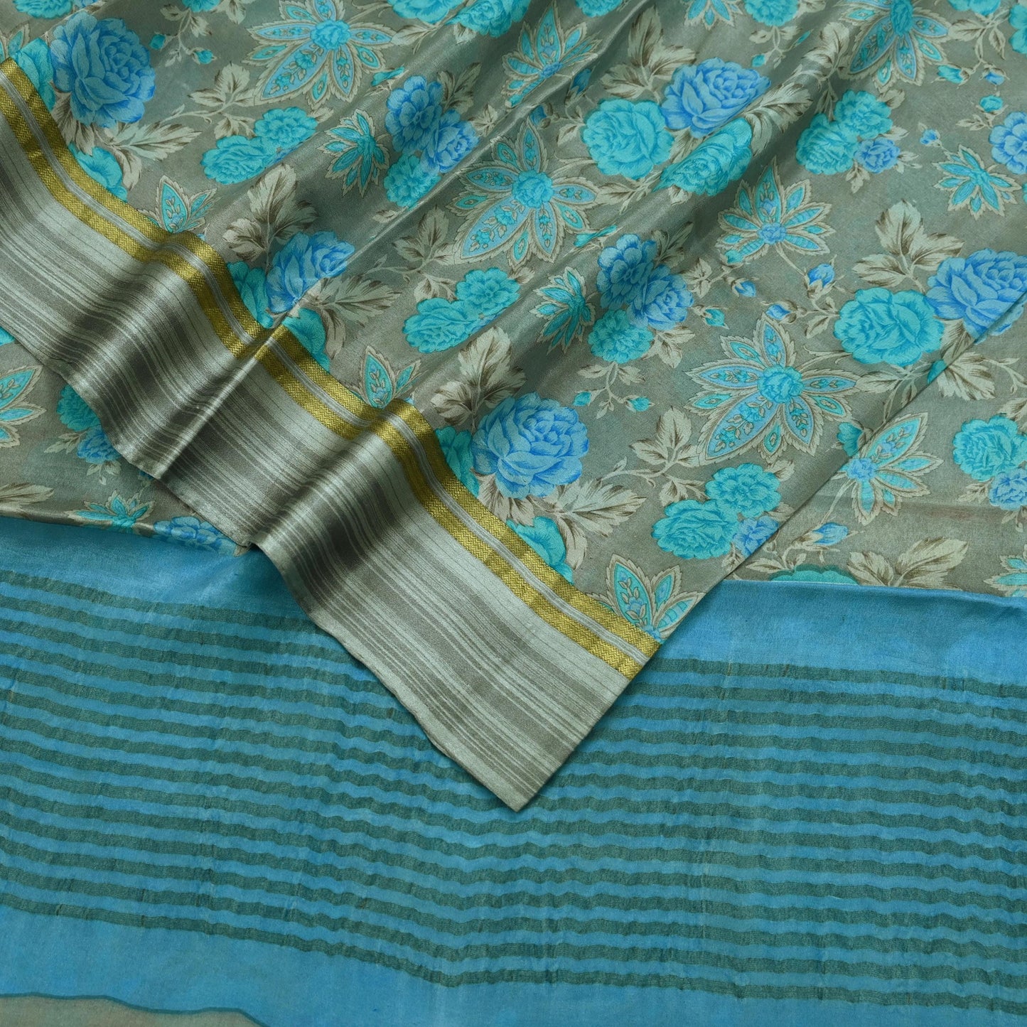 Indian Vintage Sari Blue & Gray Pure Silk Printed Sarees 5yd Sewing Craft Fabric Dress Making Wrap Floral Zari Quilting Crafting Upcycle
