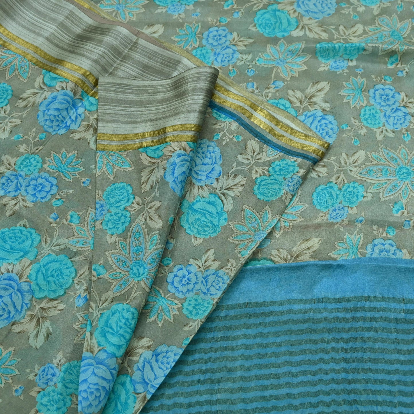 Indian Vintage Sari Blue & Gray Pure Silk Printed Sarees 5yd Sewing Craft Fabric Dress Making Wrap Floral Zari Quilting Crafting Upcycle