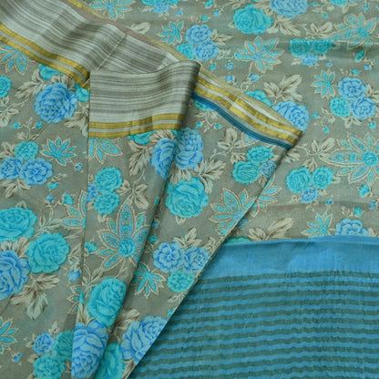Indian Vintage Sari Blue & Gray Pure Silk Printed Sarees 5yd Sewing Craft Fabric Dress Making Wrap Floral Zari Quilting Crafting Upcycle