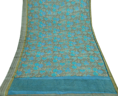 Indian Vintage Sari Blue & Gray Pure Silk Printed Sarees 5yd Sewing Craft Fabric Dress Making Wrap Floral Zari Quilting Crafting Upcycle