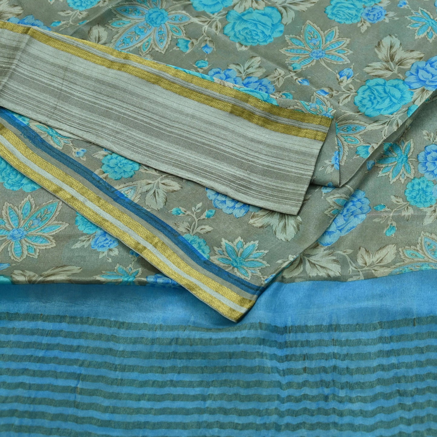 Indian Vintage Sari Blue & Gray Pure Silk Printed Sarees 5yd Sewing Craft Fabric Dress Making Wrap Floral Zari Quilting Crafting Upcycle