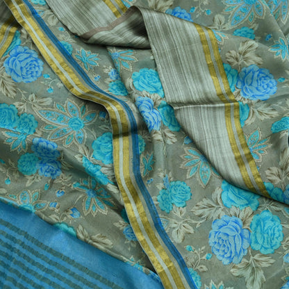 Indian Vintage Sari Blue & Gray Pure Silk Printed Sarees 5yd Sewing Craft Fabric Dress Making Wrap Floral Zari Quilting Crafting Upcycle