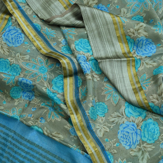 Indian Vintage Sari Blue & Gray Pure Silk Printed Sarees 5yd Sewing Craft Fabric Dress Making Wrap Floral Zari Quilting Crafting Upcycle