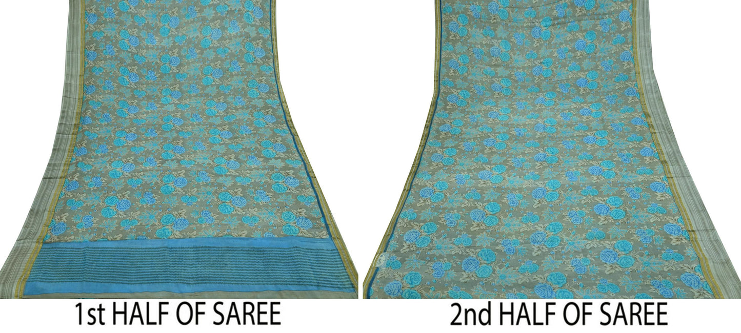 Indian Vintage Sari Blue & Gray Pure Silk Printed Sarees 5yd Sewing Craft Fabric Dress Making Wrap Floral Zari Quilting Crafting Upcycle