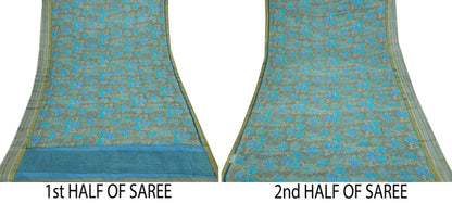 Indian Vintage Sari Blue & Gray Pure Silk Printed Sarees 5yd Sewing Craft Fabric Dress Making Wrap Floral Zari Quilting Crafting Upcycle