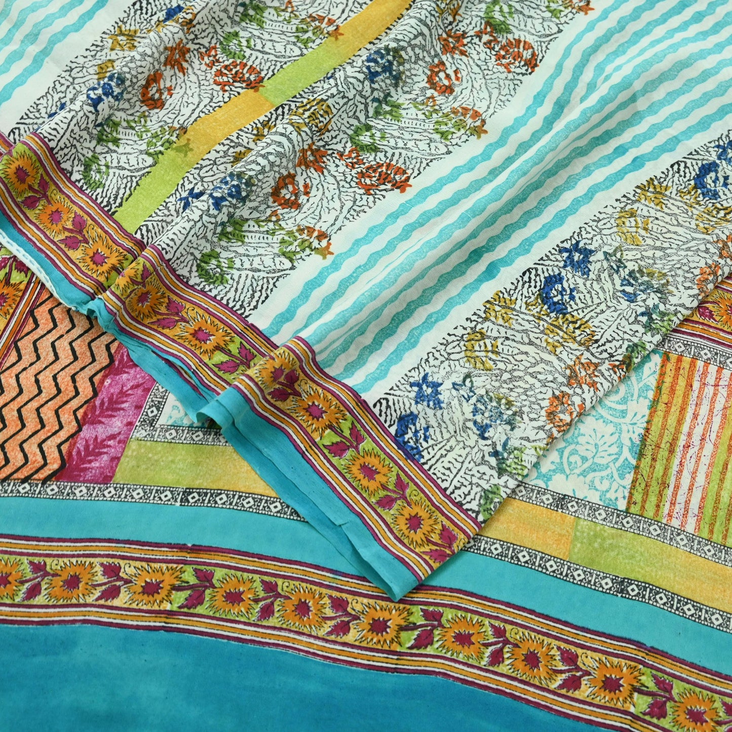 Indian Vintage Sari Ivory & Blue Pure Crepe Silk Printed Saree 5yd Sewing Floral Soft Craft Fabric Wrap Dress making Crafting Quilting