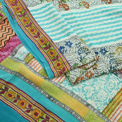 Indian Vintage Sari Ivory & Blue Pure Crepe Silk Printed Saree 5yd Sewing Floral Soft Craft Fabric Wrap Dress making Crafting Quilting